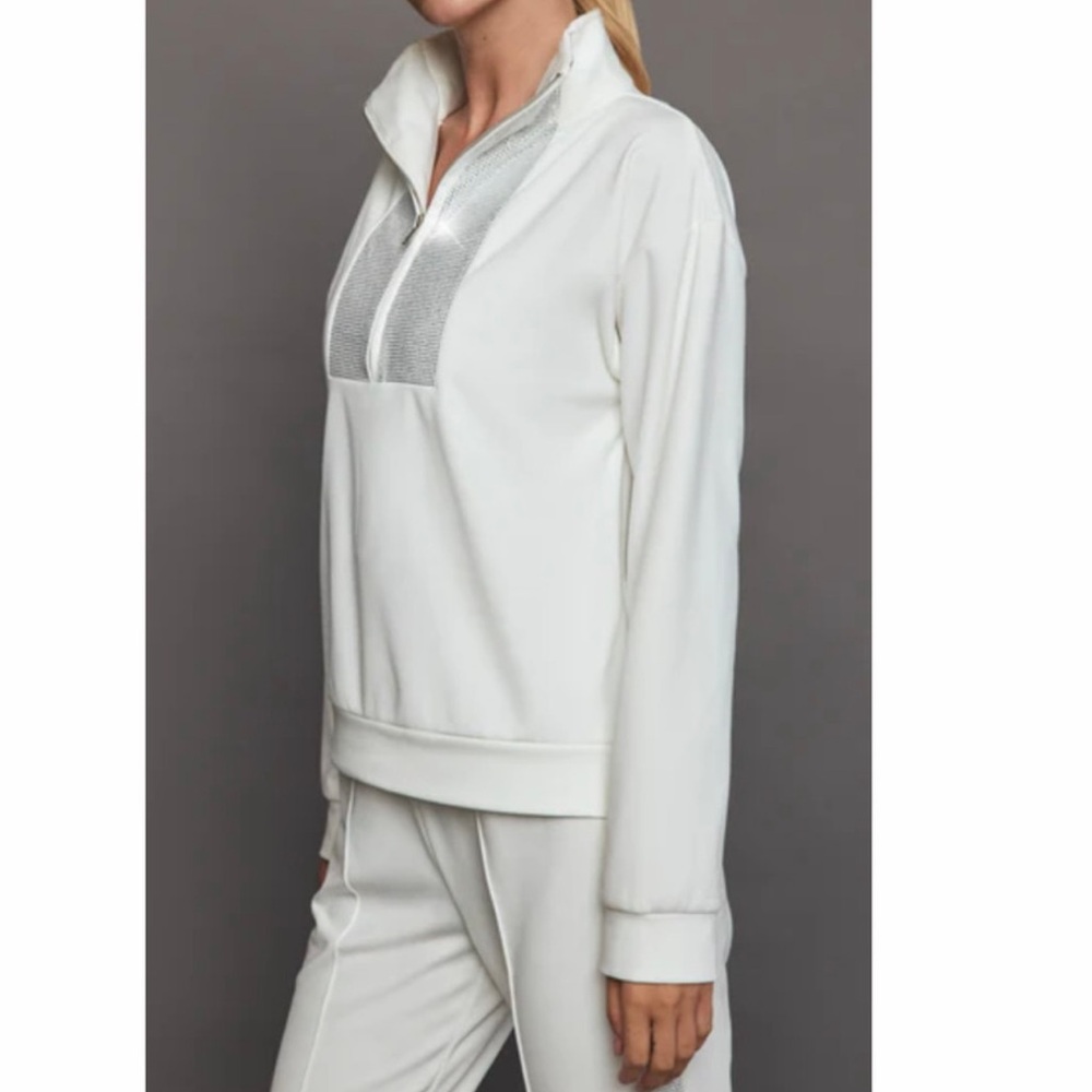 XS S Carbon38 White Rhinestone !/4 Zip Pullover & Fleece Flare Pant Track Suit